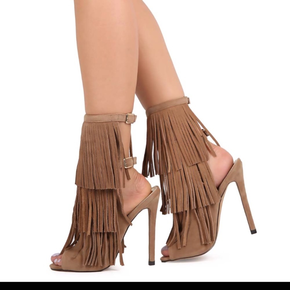 taupe fringe heels liliana patina